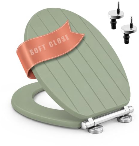Premium Sage Green Wooden Toilet Seat Soft Close Quick Release Oval | Heavy Duty, Tongue and Groove Design, MDF, Adjustable Hinges, Top & Bottom Fixings, Easy Clean, Universal Fit