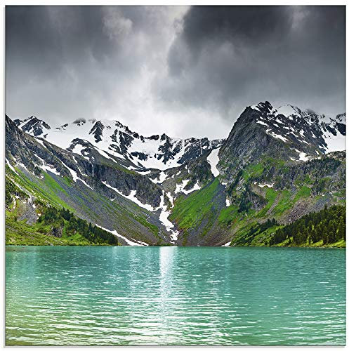 ARTland Wanddeko Glasbilder Wandbild Glas Bild einteilig Quadratisch Natur Landschaft See Wald Berge Bergsee Gebirge Gewitter S5YM ARTland