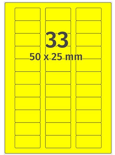 Farbige Etiketten auf A4 Bogen, neongelb - 50 x 25 mm - 3.300 Papier Aufkleber auf 100 Blatt, selbstklebende Laser-Etiketten fluorisierend leuchtfarbig