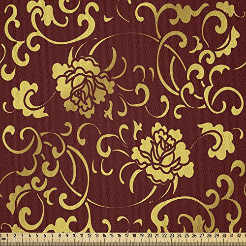 ABAKUHAUS Rebe Stoff als Meterware, Antique Oriental Pattern, Microfaser Stoff für Dekoratives Basteln, 1M (148x100cm),Bordeauxrot Senf