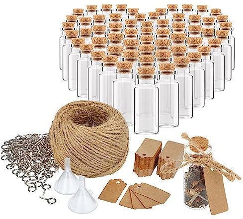 com-four® 60x Kleine Glasfläschchen 10 ml mit Korken, Set mit Zubehör zum Beschriften und Aufhängen, für Hochzeit oder Geburtstag, für Tee, Gewürze, Salz, Samen, Kräutern (060 Stück + Zubehör)