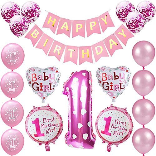 Kindergeburtstag Deko Mädchen 1 Jahr Ballons, 1. Geburtstag Dekorationen für Mädchen,Deko 1 Geburtstag Ballons,erst Geburtstag Deko Mädchen Happy Birthday Banner Luftballons Rosa Konfetti Helium Set