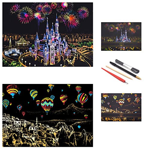 SiYear Scratch Paper Regenbogen Gemälde Skizze, City Series Night Scene, Scratch Painting Kreatives Geschenk, Scratchboard für Erwachsene und Kinder mit 4 Tools '' (Castle + Heißluftballon