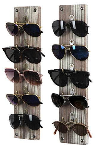 J JACKCUBE DESIGN Rustikales Holz-Sonnenbrillen-Aufbewahrungs-Organizer, 10 Brillenhalter, Display-Rack, 2er-Set mit 5 Metallhaken an jedem Halter – MK691A
