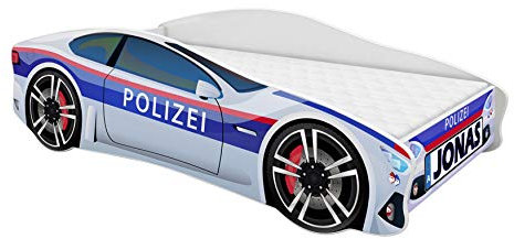 ACMA Kinderbett Auto-Bett Polizei mit Rausfallschutz, Lattenrost und Matratze (Polizei 3, 160x80 cm + Name)