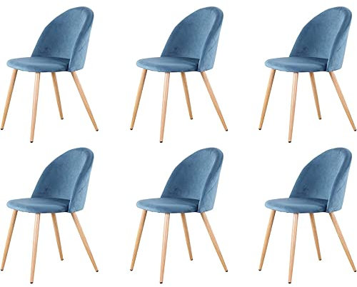 GrandCA HOME Juego de 6 Sillas de Comedor, Silla de Cocina de Moda, Sillas Tapizadas de Terciopelo, Sillas Laterales de Ocio con Patas de Madera y Metal, Azul