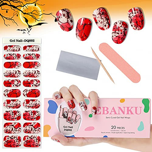 EBANKU Halloween Full Wrap Nail Art Stickers,20pcs Halloween Nail Gel Polish Strips Self-Adhesive Skull Stickers with Nail File Stick and Sealing Strip (UV/LED Lamp Required)