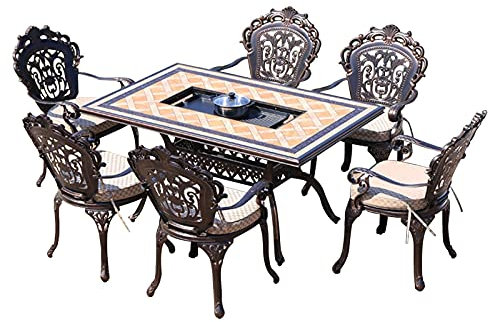 Brasero Exterieur Table De Barbecue De Jardin Extérieur - Foyer À Bois, Ensemble De Table Et De Chaise D'extérieur en Aluminium Robuste pour Patio D'arrière-Cour, Apportez 6 Chaises