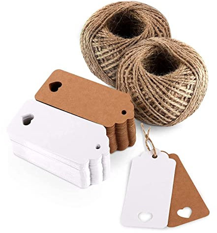 Carehabi - Lot de 100 étiquettes en papier kraft avec de jute 50M pour cadeaux de mariage, Noël, fête, décoration