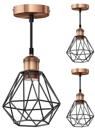 ledscom.de 3 Stück Vintage Pendelleuchte RETRA, bronze, E27 Fassung, Käfig-Schirm