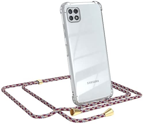 EAZY CASE Handykette kompatibel mit Galaxy A22 5G Handyhülle mit Umhängeband, Handykordel mit Schutzhülle, Silikonhülle, Hülle mit Band, Stylische Kette für Smartphones, Rot Camouflage