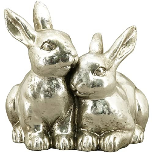 ETC putziges liegendes Osterhasenpaar 2 kuschelnde Osterhäschen Silber antik Shabby Optik matt-glänzend ungleichmäßige Oberfläche (klein ca. 10,5 x 9 x 10,5 cm hoch)