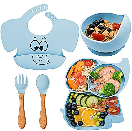 FILOWA Vajilla Bebé 5 Piezas Silicona con Ventosa Compartimentos Plato y Cuenco Tenedor Cuchara Babero Set,Antideslizante Impermeable sin BPA Aprendizaje Kit Vajilla para Infantil Niño, Azul Elefante