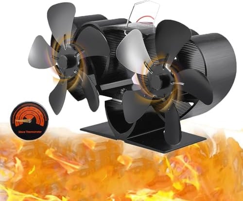 Ventilatore per Stufa a Legna con Termometro,Ventilatore per Camino10 Pale,A Doppio Motore Alimentata a Calore,Silenzioso Efficiente Ecologico per Bruciatore di Tronchi Camino
