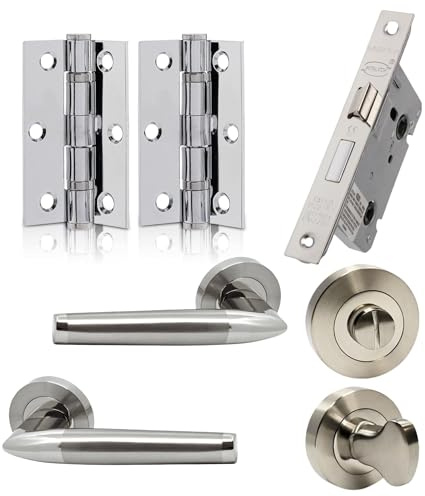 UAP Internal Door Handle Set with Lock – Complete Door Pack with Hinges, Thumb Turn & Fixings – Privacy Turn & Release (Valiant, Polished Nickel)