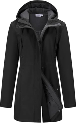 Outdoor Ventures Womens Waterproof Softshell Jacket Long Hooded Windbreaker | Fleece lined, Windproof, 2-Way Zipper, 4 Pockets, Adjustable Waist, Warm, Breathable, for Outdoor Hiking Walking