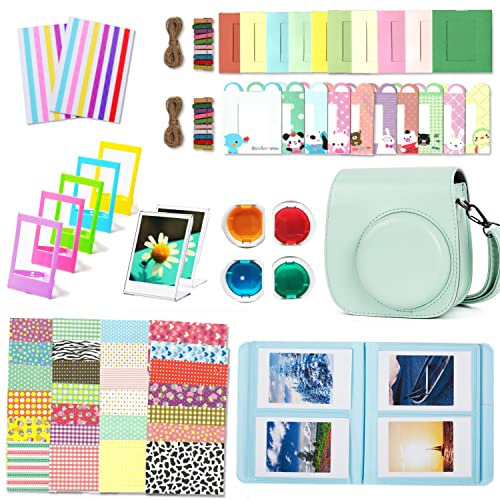 Leebotree Caméra Housse Compatible avec Appareil Photo Instantanés Instax Mini 12 11, Pochette Caméra Sacoche Rangement Protection Cuir PU Lisse avec Bandoulière et Poche Intégrée (Pastel)