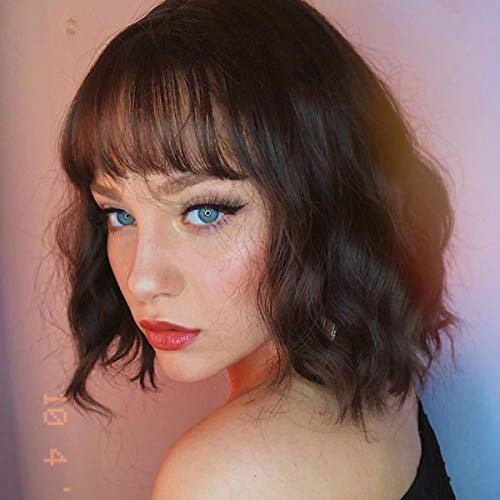 PARXITN Kurze Bob Perücke mit Pony Natürliches Dunkelbraun Perücke Synthetisches Haar Bunt Täglich Party Halloween Cosplay Gewellte Lockige Perücken für Frauen