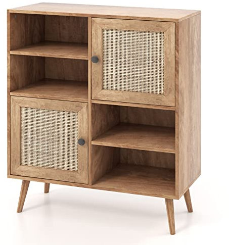COSTWAY Buffet Cuisine, Meuble Rotin avec 2 Placards 4 Compartiments, Buffet Bois, Porte Cannage, Pieds en Bois Massif, Armoire Commode Bohème, 80 x 29,5 x 97 cm