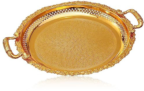 Serving Tray Centrepiece Food Serving Appetizer platter with Handles Large 38cm Dinner Coffee Table ornament Cupcake tray (Gold)