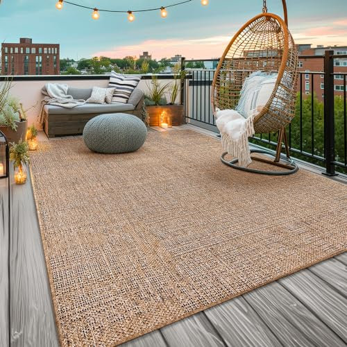 TT Home In-& Outdoorteppich Wetterfest Terrasse Uni Moderner Boho Abstrakt, Farbe:Beige Braun, Größe:160x220 cm