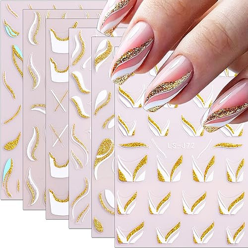 Nagelsticker Selbstklebend, 6Blatt Glitzer French Nail Art Stickers Gold Weiß Wirbel Linien Nagel Aufkleber Sticker 3D Nail Art Striping Tape Nageldesign DIY Maniküre
