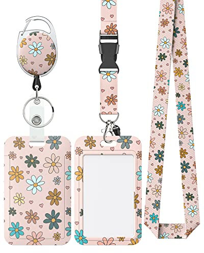Uniclife Geblümt Schiebe-Ausweishalter Rosa Blume Kunststoffkoffer mit einziehbaren Badge Reel Karabiner Clip und abnehmbare Lanyard Strap Hard Vertical Card Protector für Frauen Krankenschwester