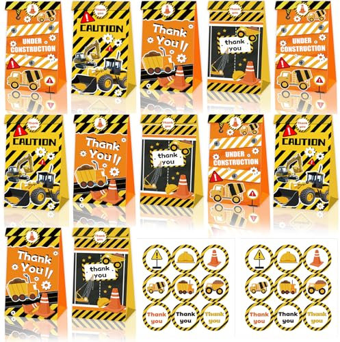 12 Stück Baustelle Party Geschenktüten, Papiertüten mit 18 Aufkleber Mitgebsel, Bagger Geburtstag Deko Bau Mitgebsel Tüten Bagger Auto Geschenktasche Gastgeschenke Mottoparty Junge Kindergeburtstag
