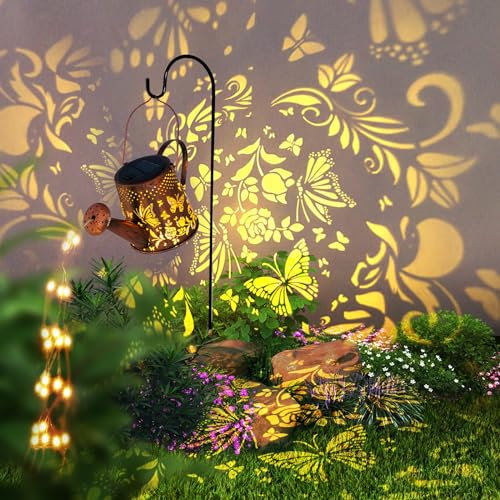 Lysliv Solarlampen Für Außen Garten, Schmetterling LED Gießkanne Metall Lichterkette Warmweiß IP65 Wasserdicht, Vintage Gartendeko Solarlaterne Für Außen Mit Schäferhaken Für Garten Hofweg Balkon