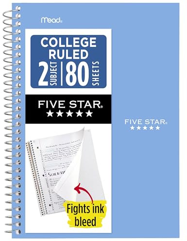 Five Star Spiral Notebook, 2 Subject, College Ruled Paper, 6 x 9.5, 80 Sheets, Blue (Color May Vary) (840029CG1)