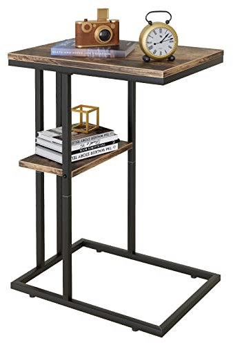 Huhote C Shaped End Table, Sofa Table, Coffee Table Under Sofa, Small Couch Side Snack Table, TV Tray Table for Small Space, Bedside Table with Metal Frame for Living Room & Bedroom, Brown