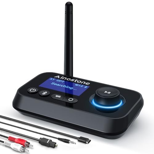 Ainostone Bluetooth 5.3 Sender Empfänger für 2 Kopfhörer 3-in-1 Bluetooth Audio Adapter Low Latency Bluetooth Transmitter mit Bypass Schalter Lautstärkeregelung Optisch RCA AUX für TV Lautsprecher PC