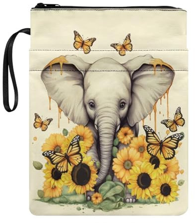 KUIFORTI Custodia per libri con elefante girasole per ragazze e donne, copertura portatile per libreria con tasca con cerniera per copertina rigida e libri di grandi dimensioni