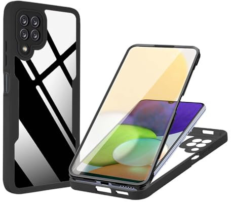 WBWONE Hülle für Samsung Galaxy A12 | M12 mit Eingebaute Displayschutz, PC Transparente Back Cover, 360 Grad Stoßfest Schutzhülle TPU Robust Handyhülle. Schwarz
