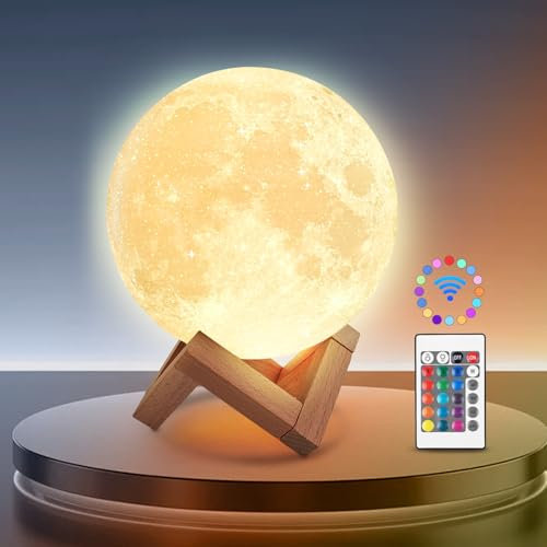 Mondlampe 3D 15CM/5.9Nachtlicht Upgraded 16-Farben-Einstellung, Holzständer, Fernbedienung und USB-Ladung, Mondlicht Dekor für Erwachsene Mädchen Kinder Geburtstag, Valentinstag Geschenke für Frauen
