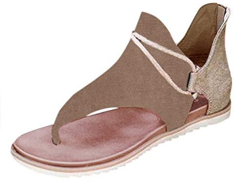 Thong Flip Flops Sandalen für Frauen Canvas Casual Sommer flache Sandalen mit Reißverschluss hinten Damen Offene Zehe Strand Bequem Sandale Vielseitig Wandern Hochzeit Urlaub Schuhe (Khaki, 42)