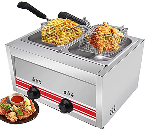 10L*2 Gas Deep Fryer,Stainless Steel Countertop LPG Gas Fryer with Basket and Lid,Chip Fryers Adjustable Firepower for Home and Commercial