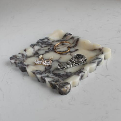 Natural Marble Tray with Scalloped Edge, Luxury Handmade Square DecorativeTray, Catch AllTray for Counter, Dresser, Nightstand and Home Décor (Calacatta Viola)