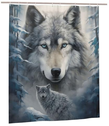 Loup Rideau Douche Imperméable, 200x120cm Rideau de Douche fantaisie Shower Curtain avec Ourlet Lnférieur Lesté, Rideaux de Douche avec 12 Plastique Crochets, Automne Decoration Maison, Cadeau Femme