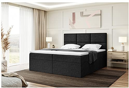 MEBLINI Boxspringbett mit Bettkasten - 160x200 - Gepolstert Doppelbett mit Matratze und Topper - Polsterbett mit Stauraum - Bett ohne Kopfteil - Stauraumbett - KYLIAN - H4/Schwarz Webstoff