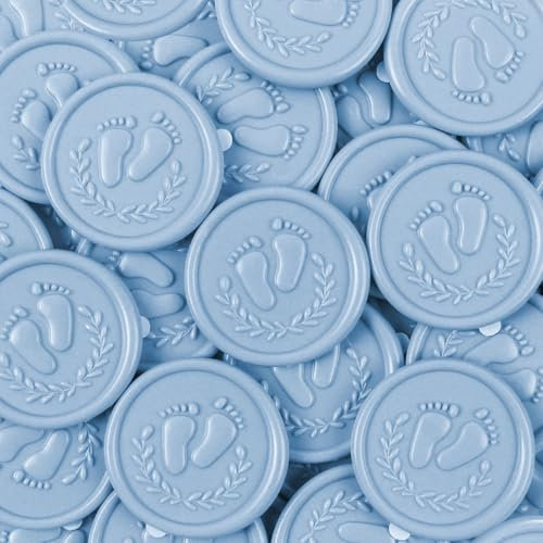JAGERGREEN 48 Stück Babyparty Wachssiegel Selbstklebend mit Fußspuren Mustern, Blaue Siegelwachs Aufkleber für Baby Shower Deko, Junge Gender Reveal, Einladungen, Briefumschläge, Geschenkverpackungen
