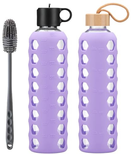 BLUEGO Botellas de cristal, 900 ml Vaso de cristal, botellas para beber con 2 tapas, botella de agua deportiva con funda de silicona, a prueba de fugas, morado