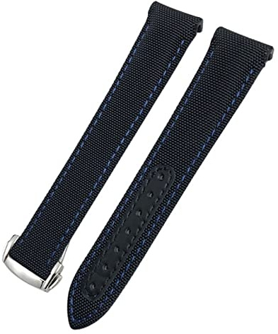 FZXCG 20 mm Canvas-Leder-Armband für Omega Seamaster 300 Speedmaster AT150 Planet Ocean Nylon-Uhrenarmband(Black Blue)