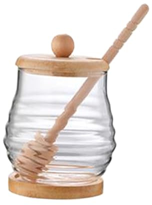 DimyFew Honigspender aus Glas, Honigbehälter mit Honiglöffel, transparent Behälter, Honigglas mit Deckel für Zuhause, Party, Küche, Runder Deckel 280 ml