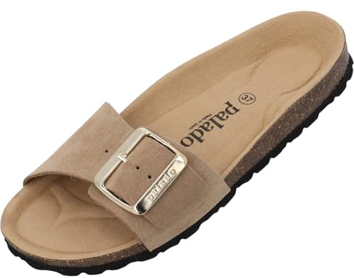 Palado Pantoletten Damen Malta EGS Mono Velours - modische Sandalen Made in Spain - elegante Hausschuhe mit Kork-Fußbett - bequeme Sommerschuhe