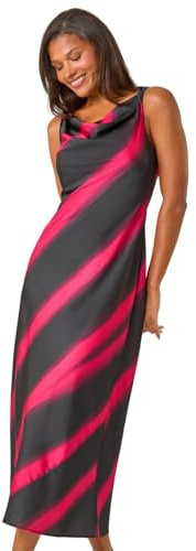 Roman Originals Stripe Print Satin Twist Strap Midi Dress for Women UK - Ladies Everyday Autumn Winter Cowl Neckline Comfy Soft Evening Vacation Work Party Night Out - Black - Size 12