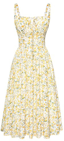 SCARLET DARKNESS Plus Size Casual Floral Dress Square Neck Spaghetti Strap Summer Dress for Women UK White Yellow Floral Spring Casual Flowy Dress XXL