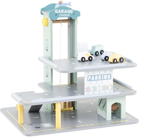GOPLUS 3-stöckiges Garage-Spielset, Parkplatz mit Aufzug, Helikopterlandeplatz, Rampe, Autowaschanlage, Lade- und Tankstelle, Parkhaus Holz mit Autos und Hubschrauber für Kinder ab 3 Jahren
