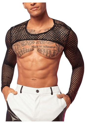 GORGLITTER Men's Fishnet Sheer Open Back Micro Crop T Shirt Crewneck Long Sleeve Sexy Club Tops Black Medium