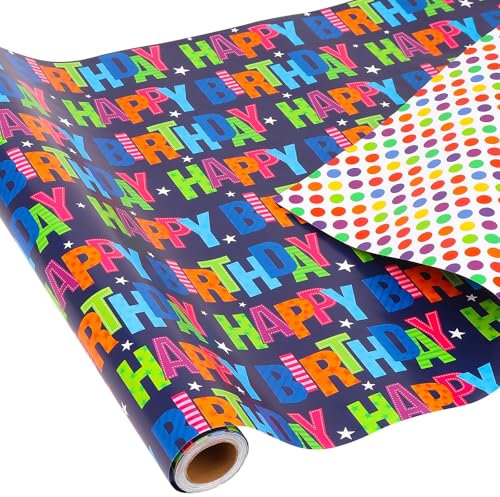 HBell Geburtstag Wrapping Paper Roll, 43cm x 10m, Reversible Polka Dot & Happy Birthday Design, Hochwertiges 80g Papier, für Kinder & Erwachsene, DIY & Party Dekoration